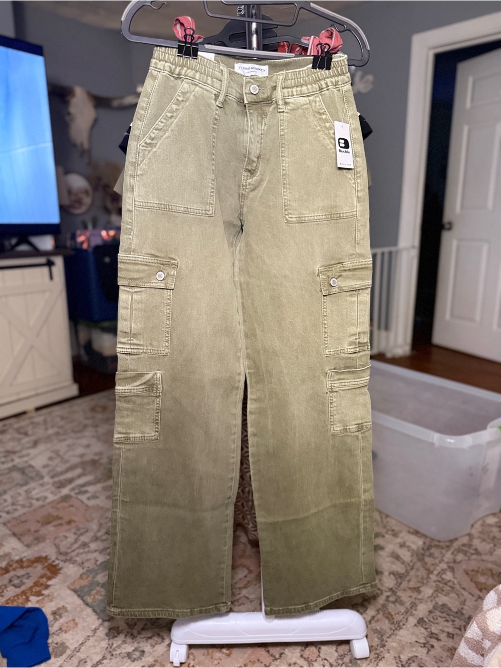 Flying Monkey Women's Straight Leg Cargo Jeans in Olive